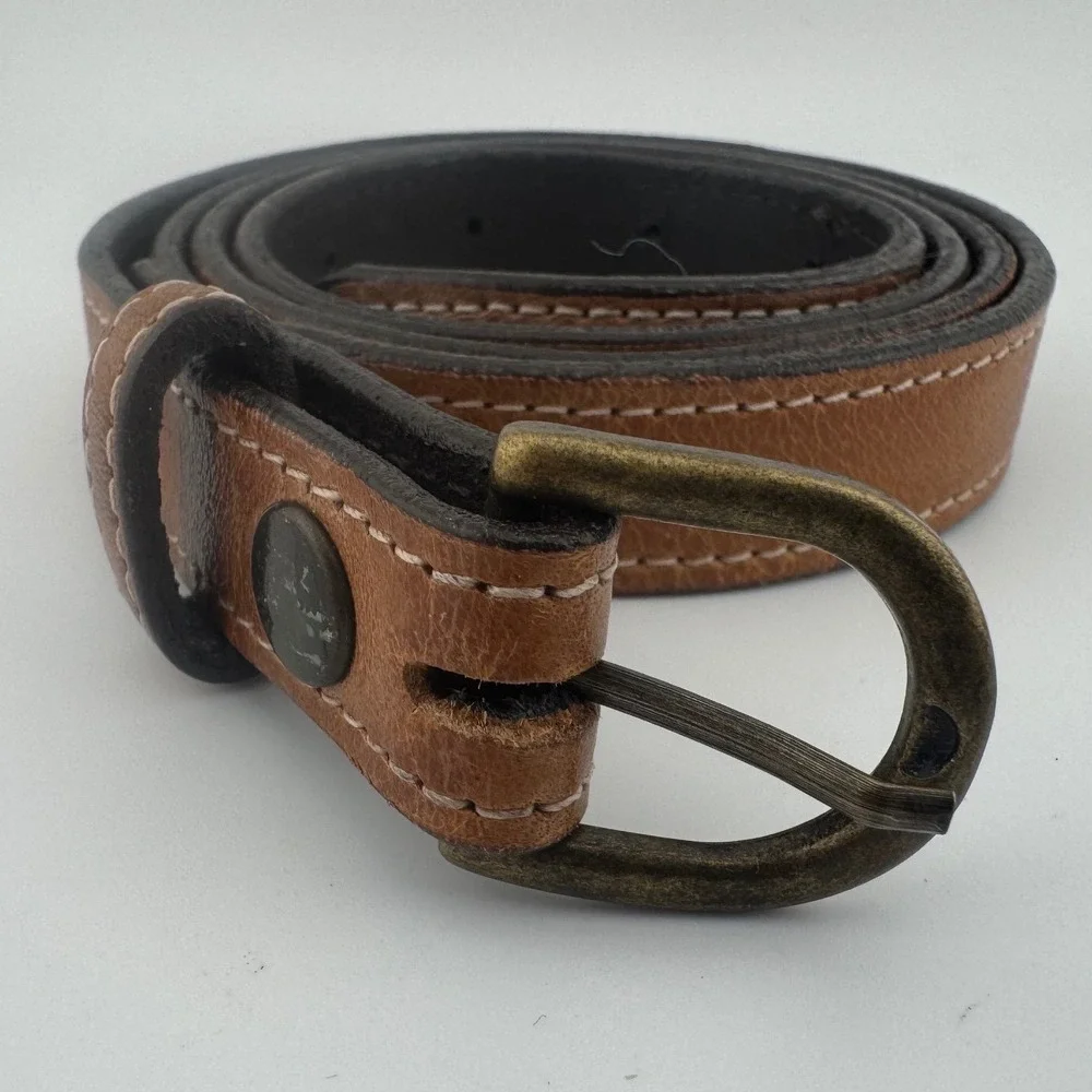 Bed Stu Brown Leather Belt Womens Large Contrast Stitch Antique Brass‎ Buckle